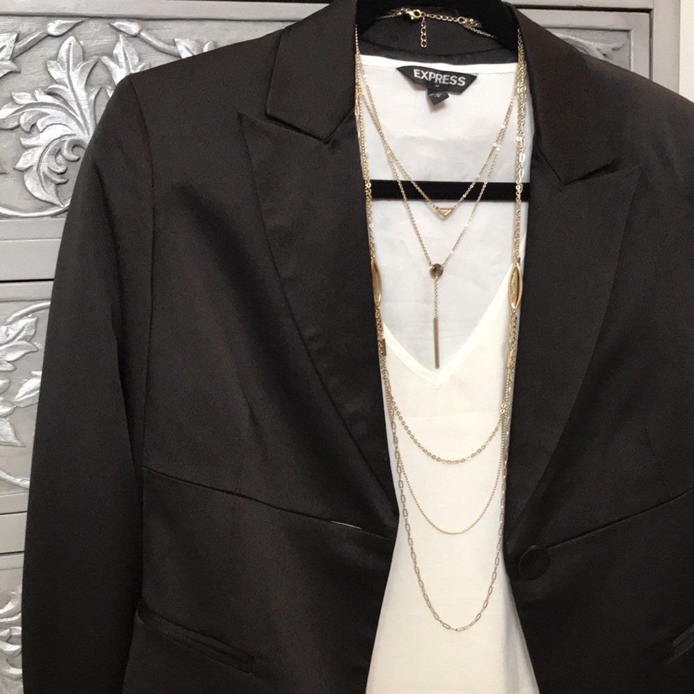 BCBG Satin Blazer Feminine Tuxedo with a Twist Black